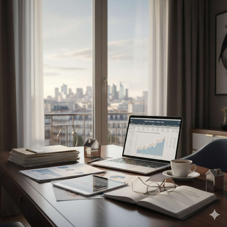 Visuel éditorial premium sur investissement immobilier en mars 2026, taux et tendances du marché