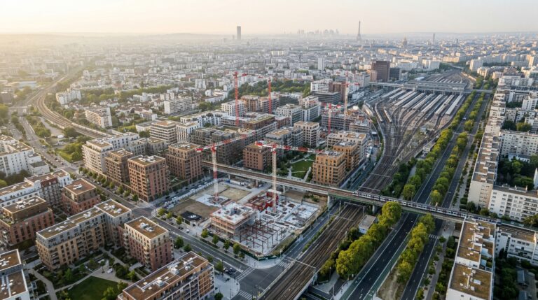 Vue aérienne éditoriale du Grand Paris illustrant les opportunités immobilières autour des futures gares
