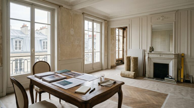 Appartement parisien ancien en rénovation énergétique, illustration premium pour un article sur les passoires thermiques en 2026