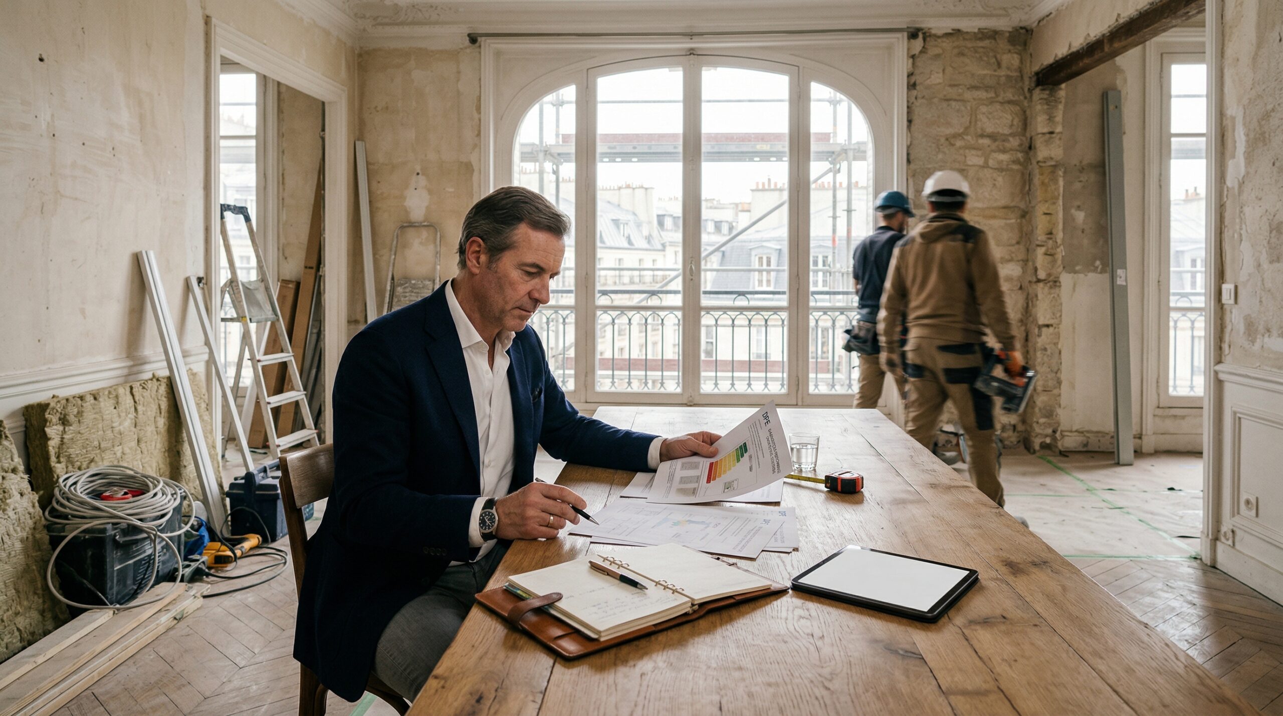 Appartement ancien en rénovation énergétique avec documents DPE, illustration éditoriale InvestirFuté avril 2026