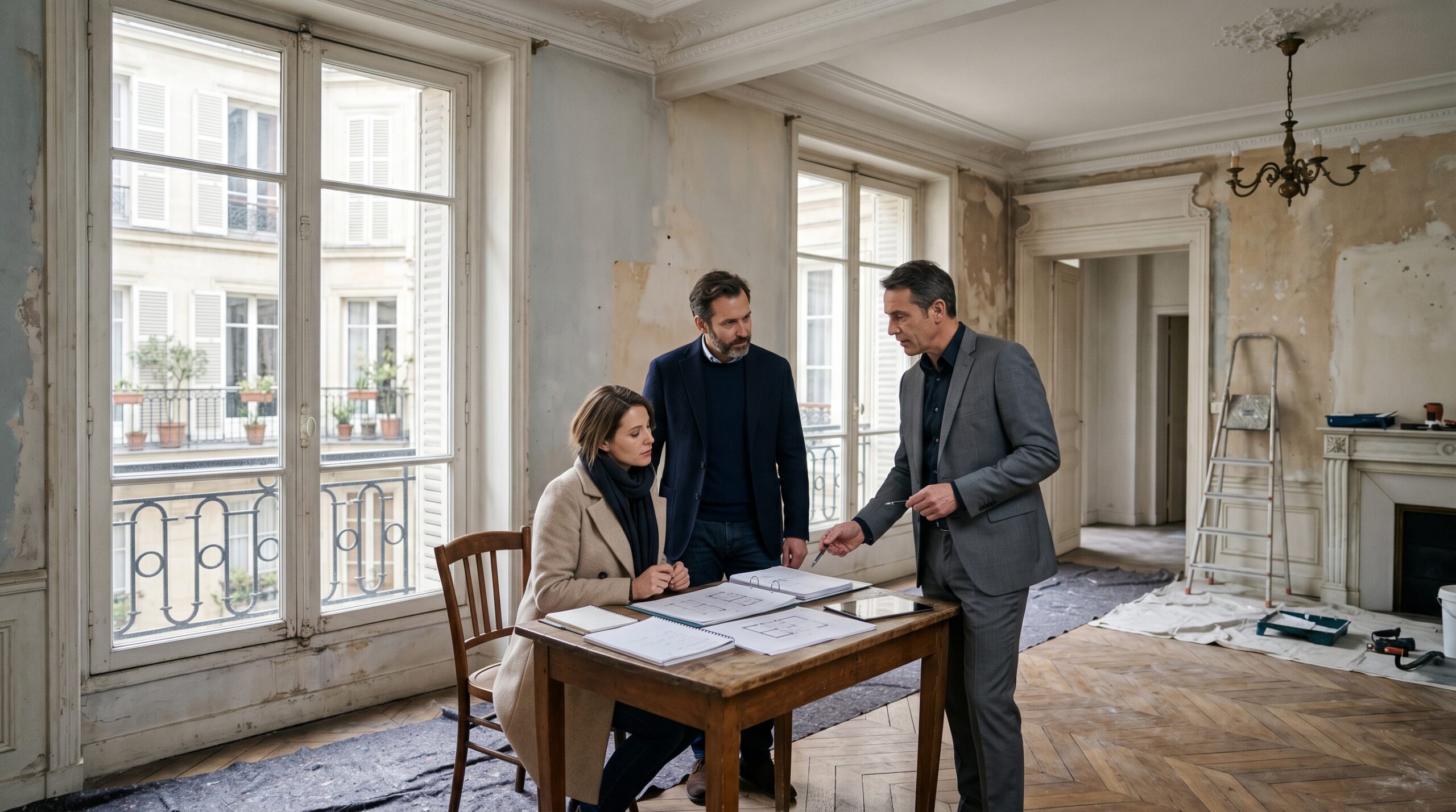 Visite d’un appartement ancien en copropriété avec travaux, illustration éditoriale premium InvestirFuté.