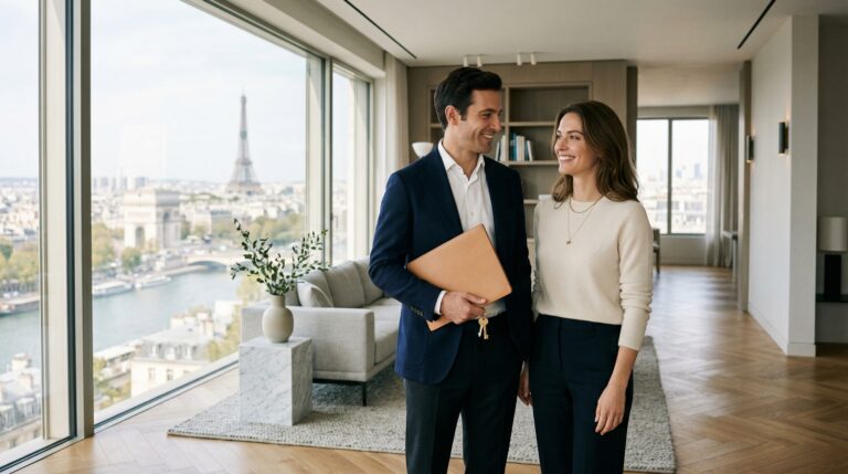 Couple visitant un appartement moderne avec clés en main, illustration éditoriale premium sur le financement immobilier en France