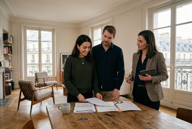 Couple en rendez-vous immobilier avec conseillère, documents de financement sur table, illustration éditoriale premium sur le PTZ et les aides à l’achat en France