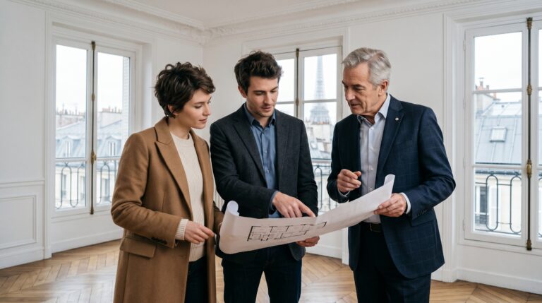 Couple visitant un appartement et échangeant avec un conseiller, illustration éditoriale premium du budget immobilier et du taux d’endettement en 2026.