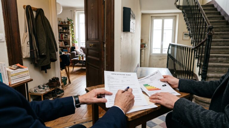 Visuel éditorial premium d'un appartement déjà loué en France, avec documents de bail et diagnostics pour un achat immobilier d'investissement