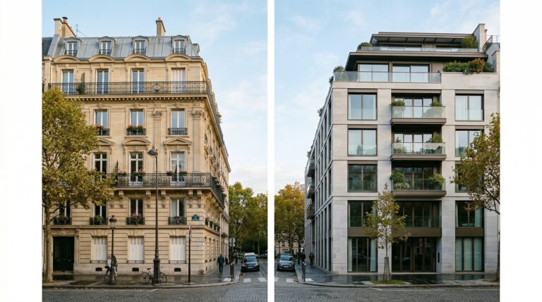 Rue résidentielle française élégante montrant un immeuble ancien en pierre face à une résidence moderne haut de gamme