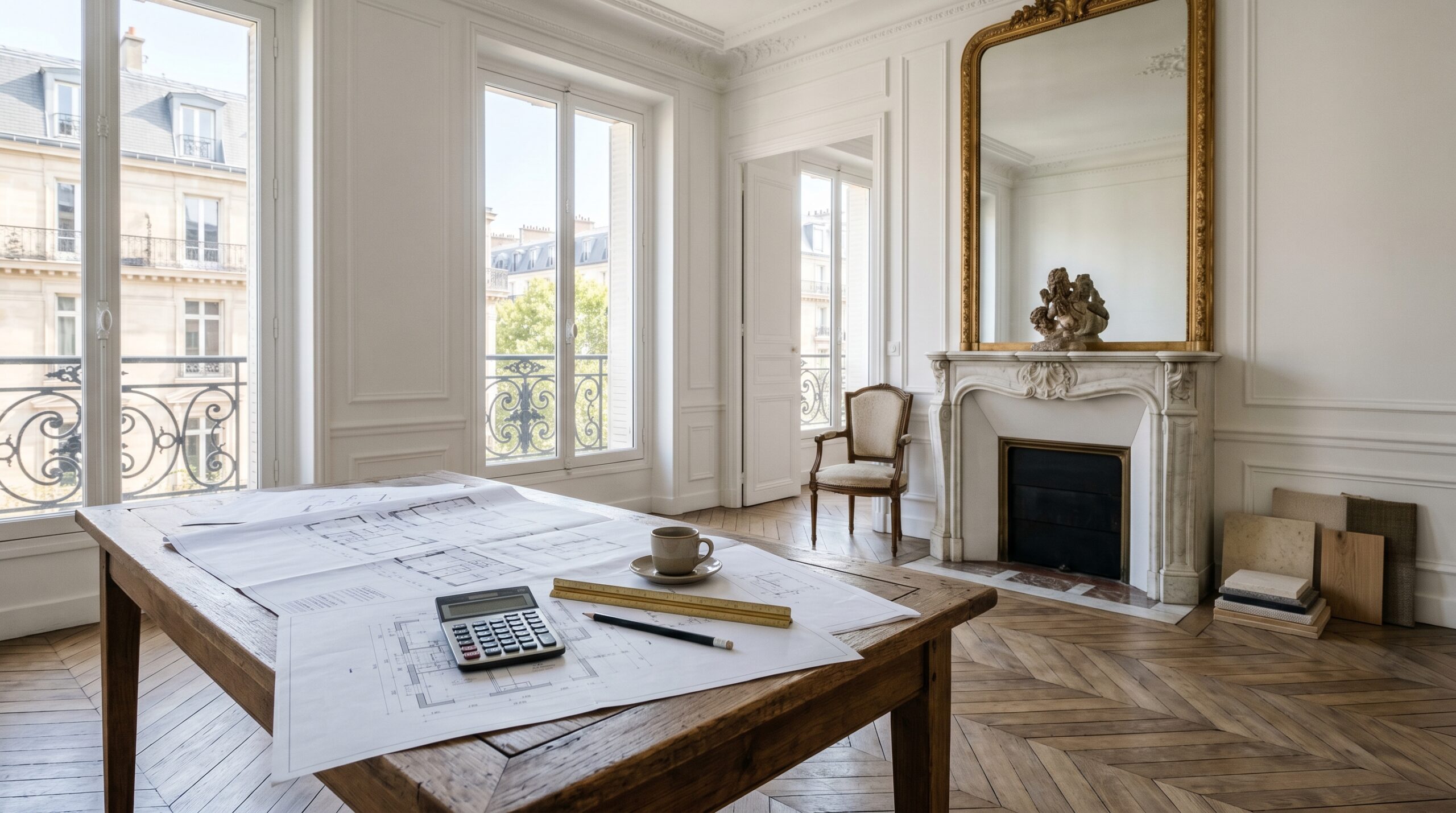 Appartement ancien à Paris en préparation de rénovation énergétique, visuel éditorial premium sur l'investissement immobilier