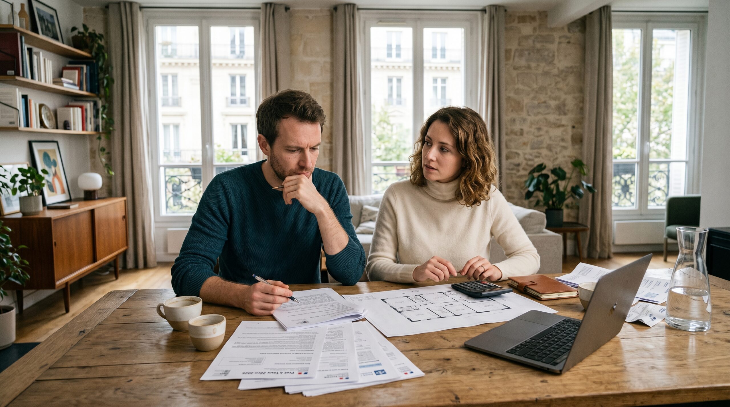 Couple préparant un achat immobilier avec dossiers de financement et réserve d’épargne