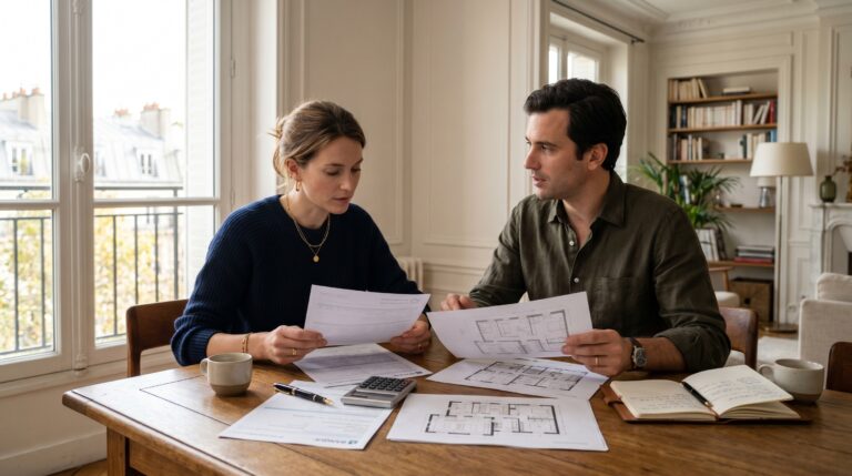 Couple étudiant un plan de financement immobilier avec calculatrice et documents, illustration éditoriale premium pour un article InvestirFuté sur le PTZ 2026, l’apport et l’épargne de sécurité.