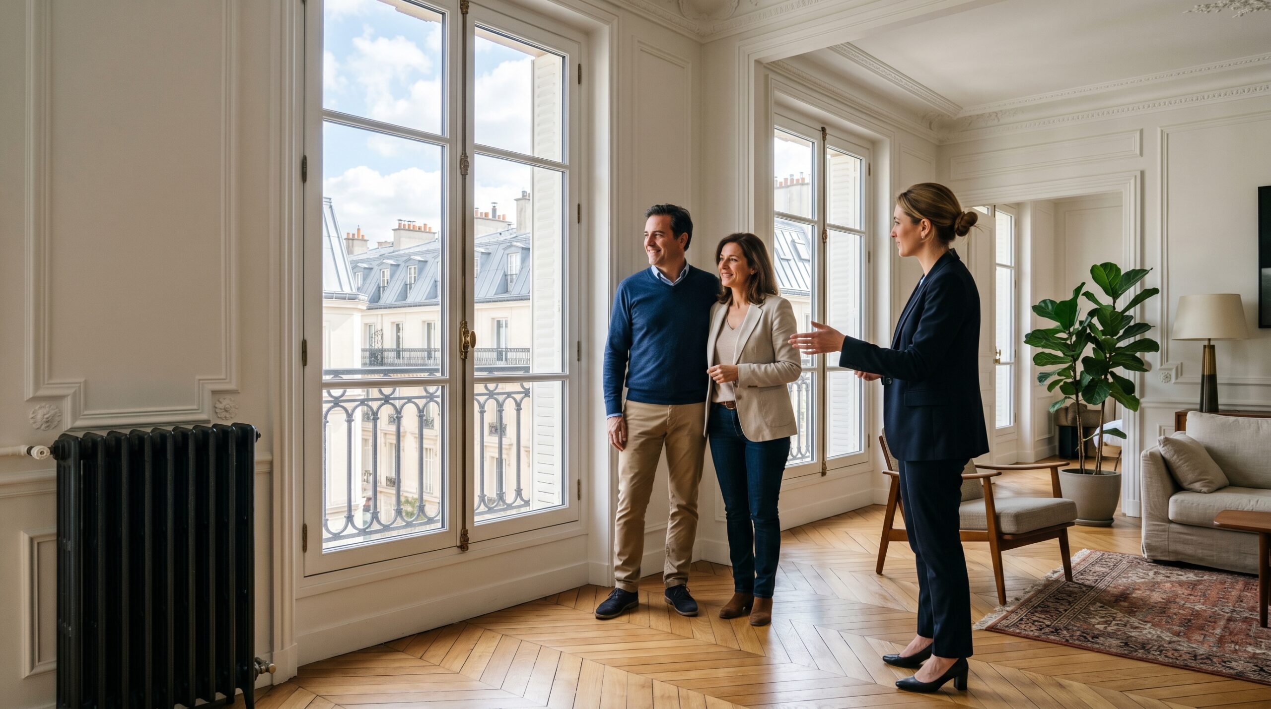 Visite d’un appartement ancien de charme avec détails de rénovation énergétique, illustration éditoriale premium pour un article InvestirFuté sur le PTZ 2026 et le DPE.