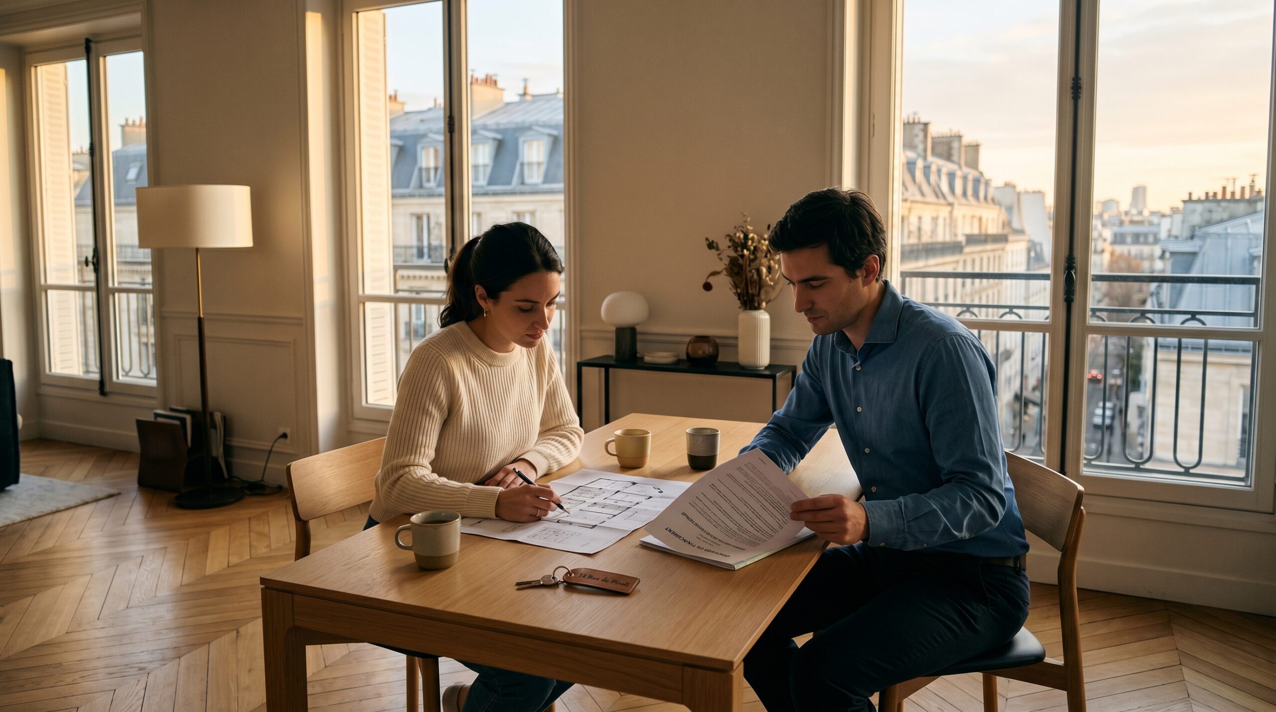 Couple étudiant un achat immobilier avec financement PTZ dans un appartement lumineux