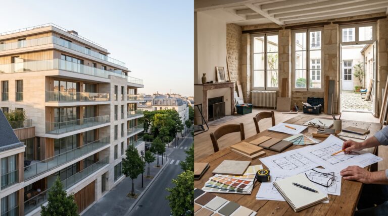 Comparatif éditorial premium entre appartement neuf et logement ancien avec travaux pour un article sur le PTZ 2026