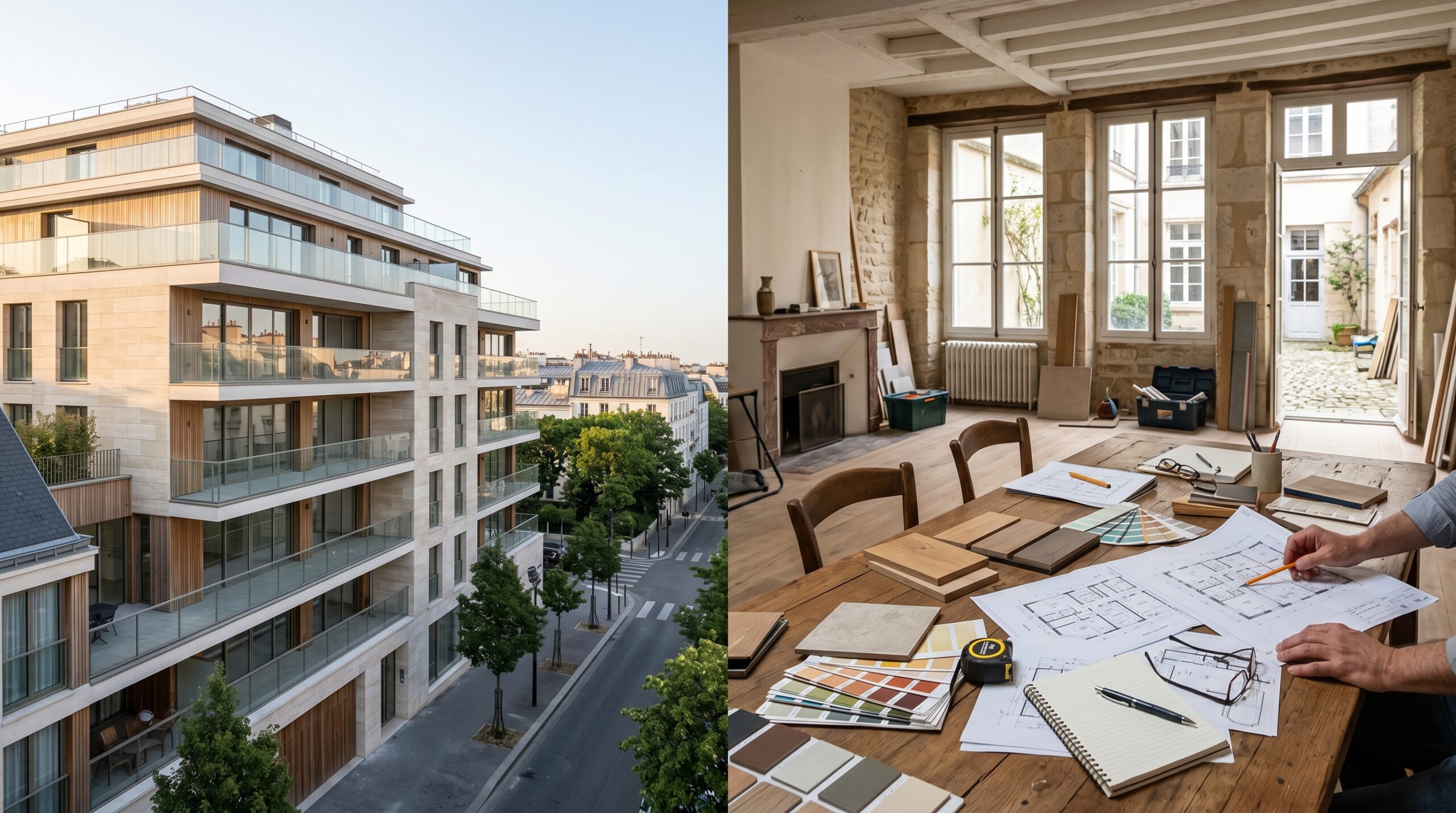 Comparatif éditorial premium entre appartement neuf et logement ancien avec travaux pour un article sur le PTZ 2026