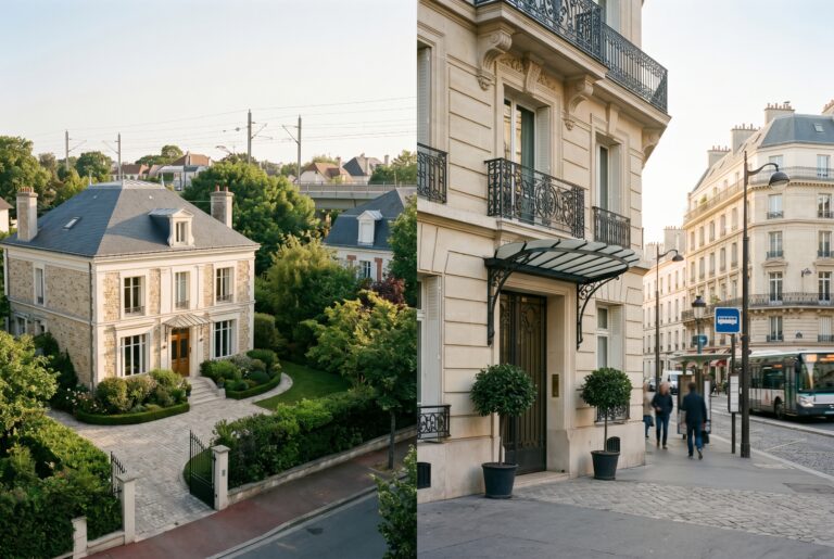 Visuel éditorial premium comparant un logement plus grand en périphérie et un logement plus compact mais mieux placé pour illustrer un article InvestirFuté sur le PTZ 2026