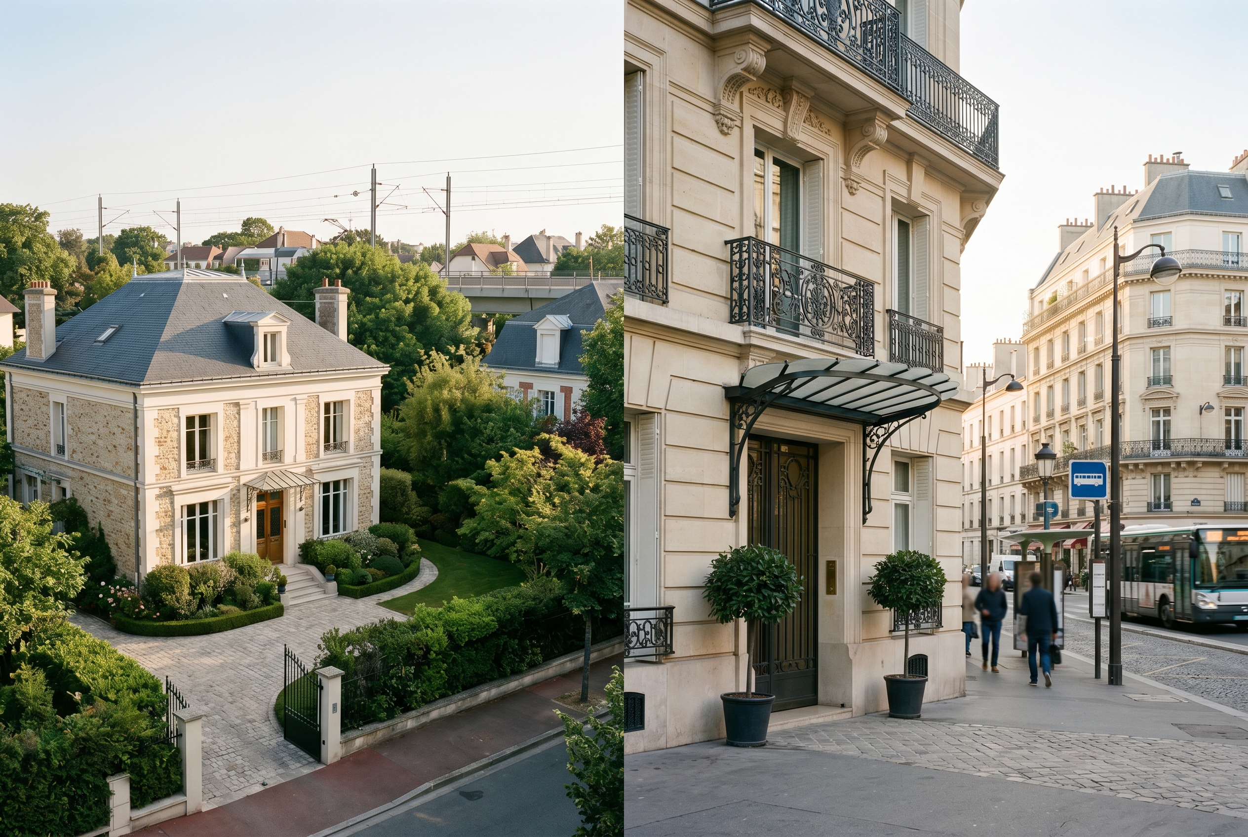 Visuel éditorial premium comparant un logement plus grand en périphérie et un logement plus compact mais mieux placé pour illustrer un article InvestirFuté sur le PTZ 2026