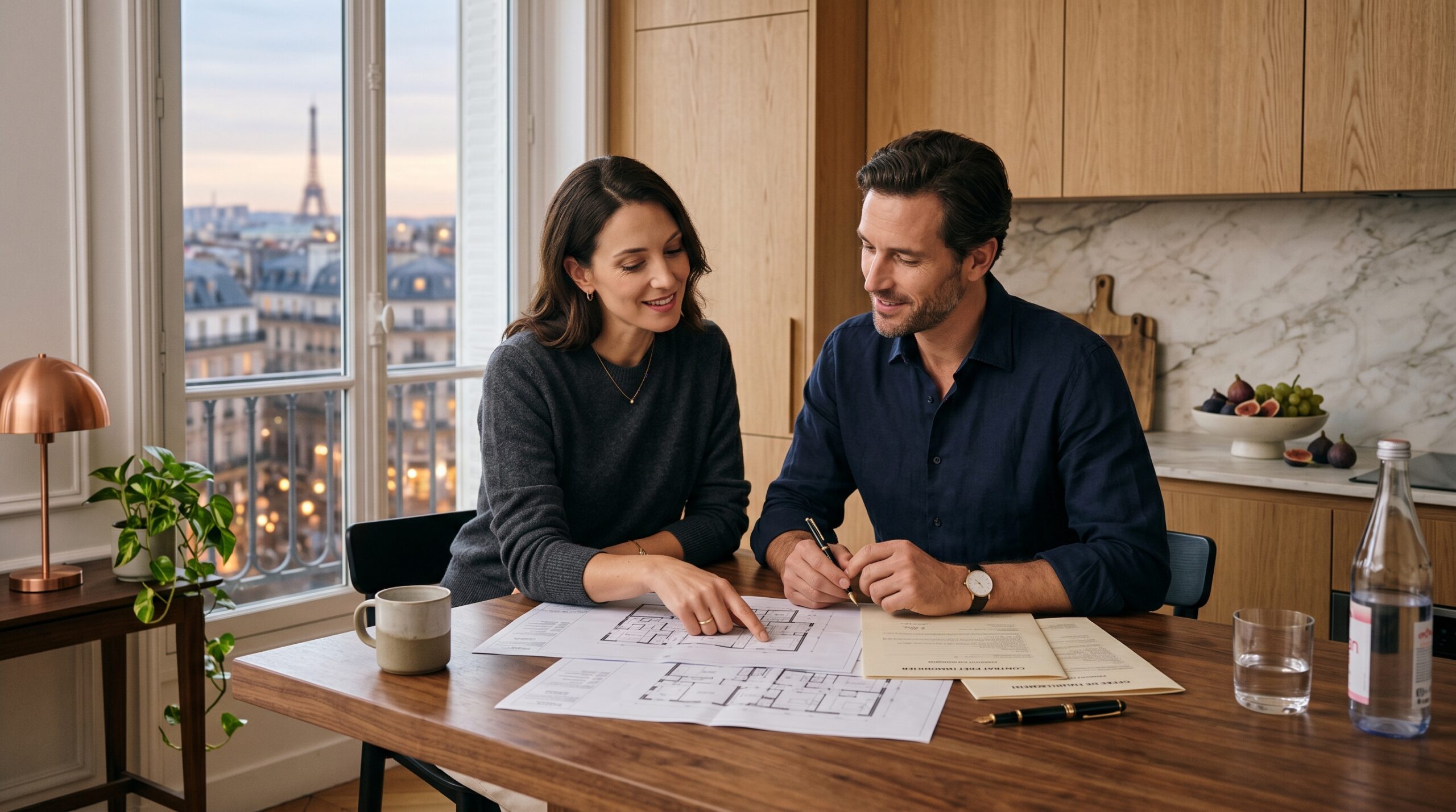 Couple analysant un projet immobilier et son financement dans un intérieur premium, illustration éditoriale des taux de crédit immobilier en 2026.