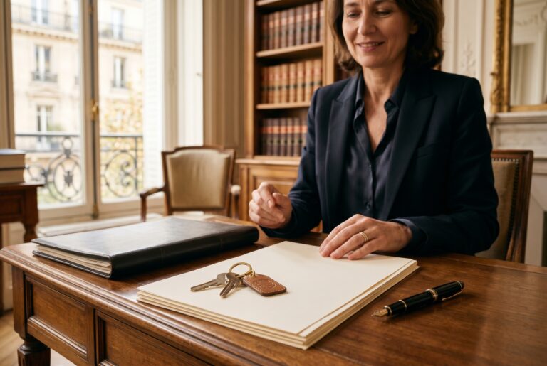 Illustration éditoriale premium InvestirFuté : vente immobilière avant la fin du crédit, clés, documents notariaux et ambiance patrimoniale haut de gamme.