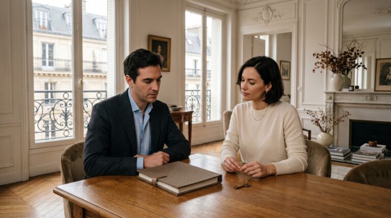 Illustration éditoriale premium InvestirFuté : couple arbitrant entre apport immobilier et réserve de sécurité après une revente.