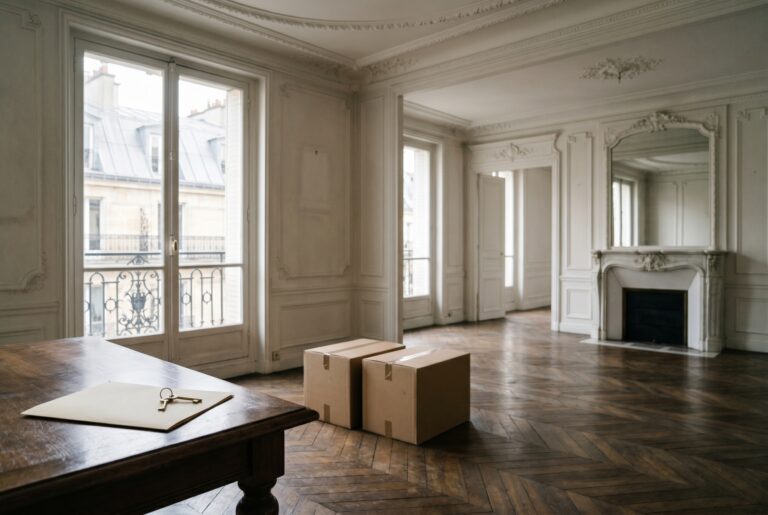 Illustration éditoriale premium InvestirFuté : appartement de transition élégant avec clés et cartons sobres après une vente immobilière.