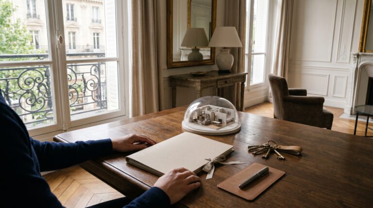 Illustration éditoriale premium InvestirFuté : arbitrage patrimonial après revente entre achat sans crédit et levier bancaire modéré.