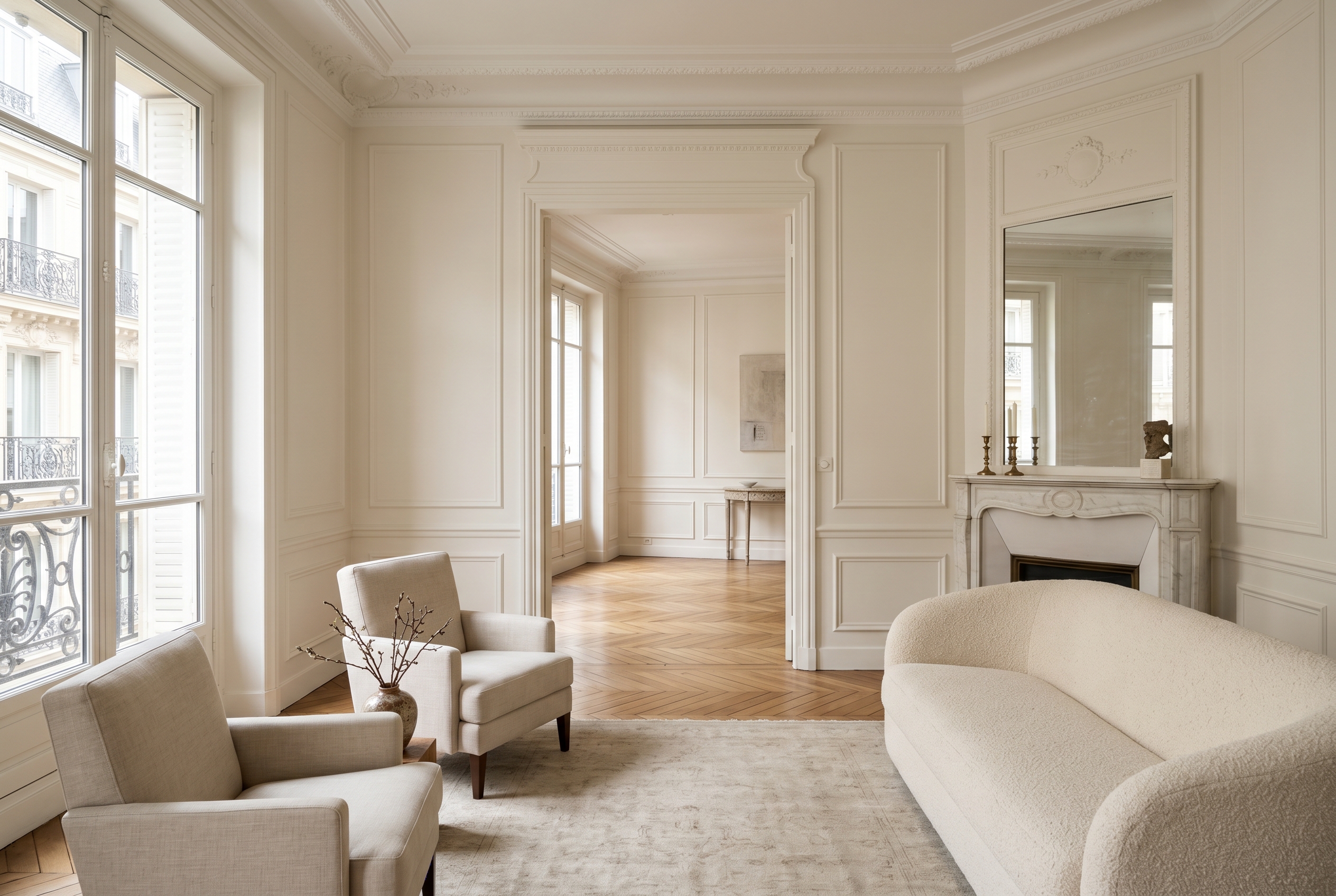 Illustration éditoriale premium InvestirFuté : appartement parisien haut de gamme suggérant l’arbitrage entre location vide et meublée pour un premier investissement locatif.