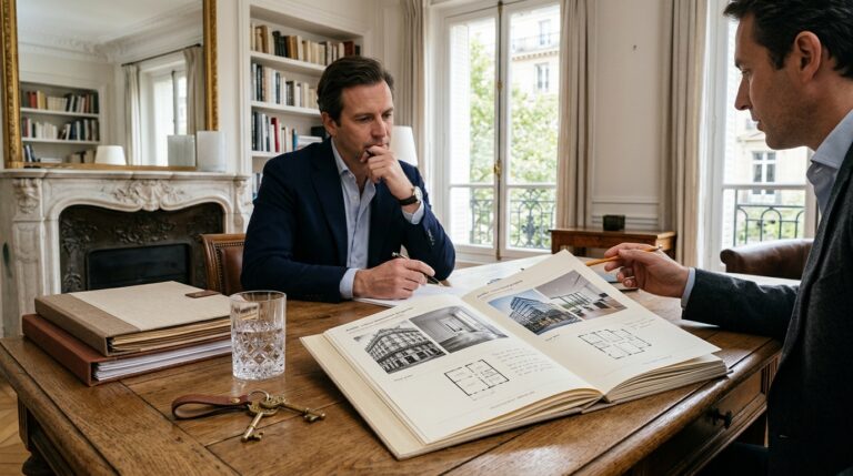 Illustration éditoriale premium InvestirFuté : scène de décision patrimoniale autour de deux profils de biens locatifs, entre rendement élevé et meilleure liquidité à la revente.