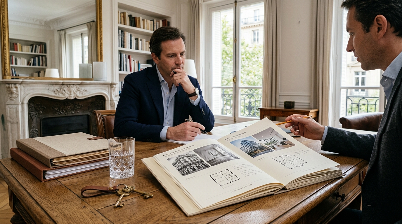 Illustration éditoriale premium InvestirFuté : scène de décision patrimoniale autour de deux profils de biens locatifs, entre rendement élevé et meilleure liquidité à la revente.