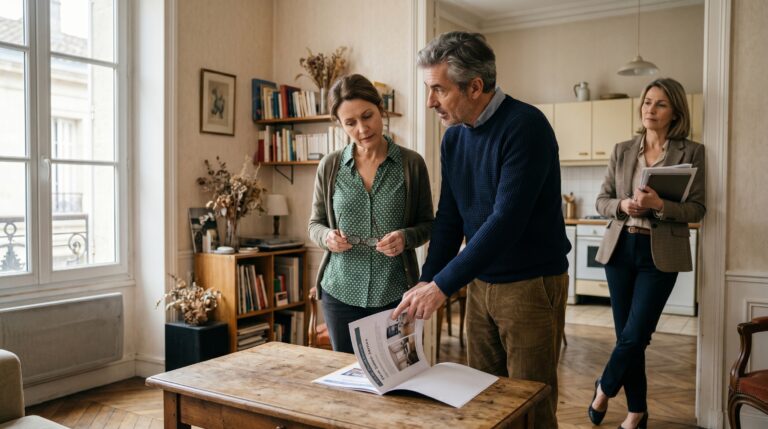 Couple visitant un appartement avec un conseiller immobilier, illustration éditoriale premium InvestirFuté sur un bien en vente depuis longtemps et la négociation patrimoniale en 2026.