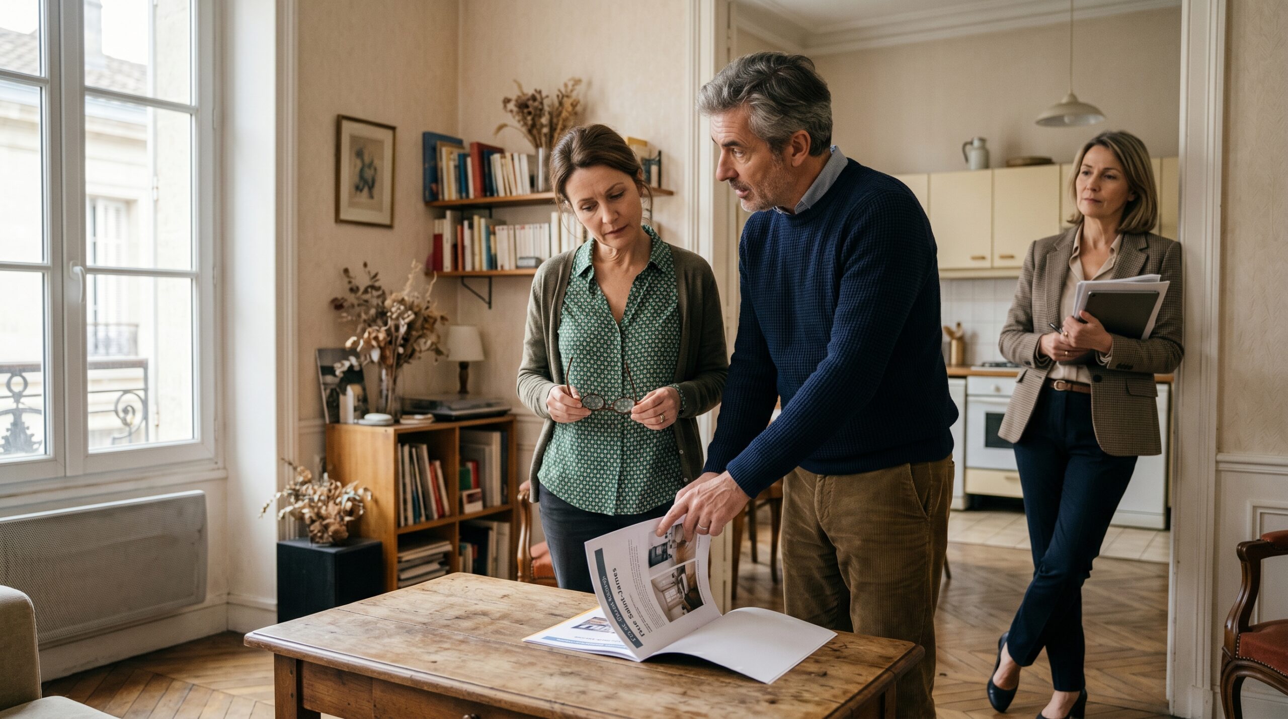 Couple visitant un appartement avec un conseiller immobilier, illustration éditoriale premium InvestirFuté sur un bien en vente depuis longtemps et la négociation patrimoniale en 2026.