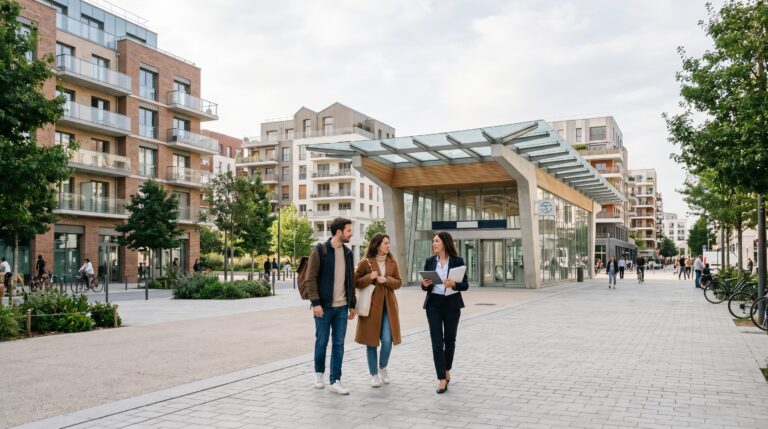 Couple avec conseiller immobilier devant une station contemporaine francilienne, illustration éditoriale premium InvestirFuté sur l’investissement autour des futures gares du Grand Paris Express en 2026.