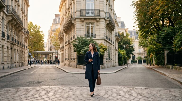 Acheteur dans un quartier résidentiel francilien arbitrant entre proximité des transports et valeur patrimoniale, illustration éditoriale premium InvestirFuté sur le choix entre logement proche gare et logement un peu plus éloigné en 2026.