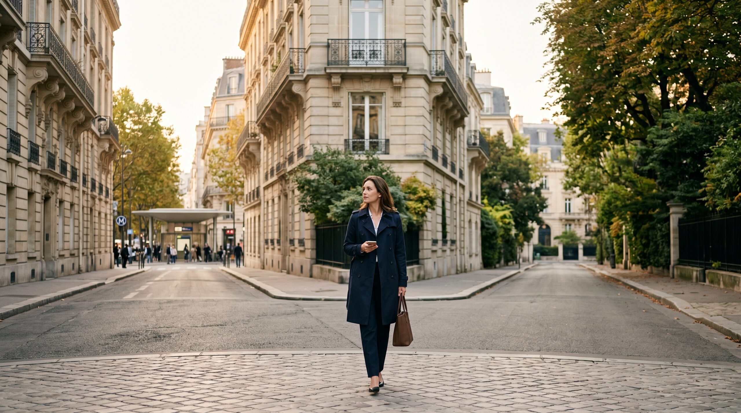 Acheteur dans un quartier résidentiel francilien arbitrant entre proximité des transports et valeur patrimoniale, illustration éditoriale premium InvestirFuté sur le choix entre logement proche gare et logement un peu plus éloigné en 2026.