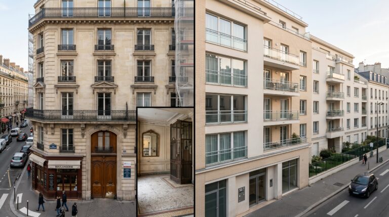 Illustration éditoriale premium InvestirFuté comparant un appartement moins cher mais situé dans une copropriété plus coûteuse et un bien plus sain et mieux entretenu, pour un article sur le coût total de détention immobilier sur 10 ans.