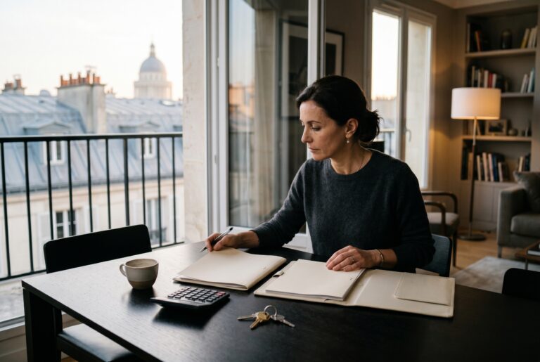 Acheteur comparant deux dossiers de financement immobilier dans un appartement parisien haut de gamme, illustration éditoriale InvestirFuté sur l’arbitrage entre contrat groupe bancaire et délégation d’assurance emprunteur en 2026.