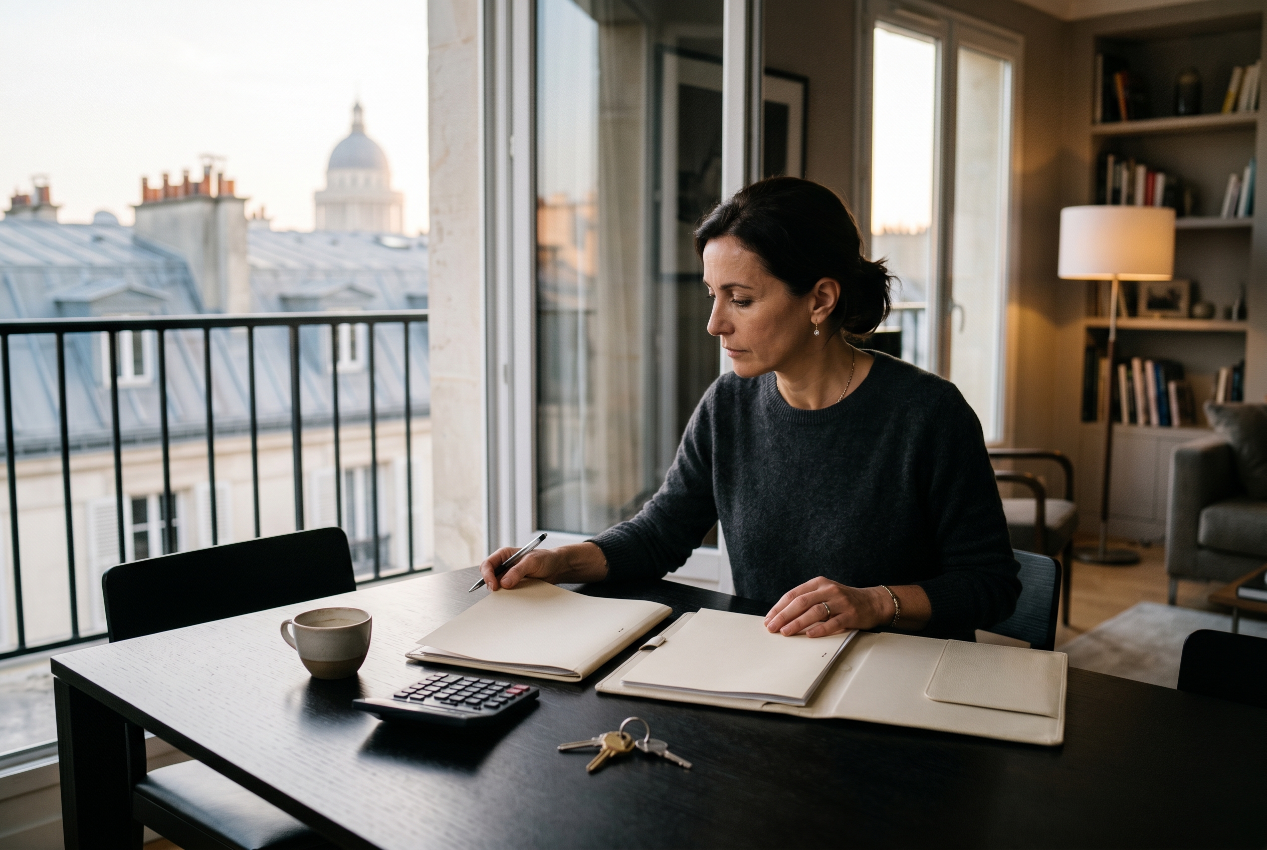 Acheteur comparant deux dossiers de financement immobilier dans un appartement parisien haut de gamme, illustration éditoriale InvestirFuté sur l’arbitrage entre contrat groupe bancaire et délégation d’assurance emprunteur en 2026.