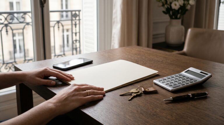 Illustration éditoriale premium InvestirFuté : bureau patrimonial élégant avec dossier de prêt immobilier, calculatrice métallique et clés, pour un article sur le remboursement anticipé partiel et l’épargne de sécurité.