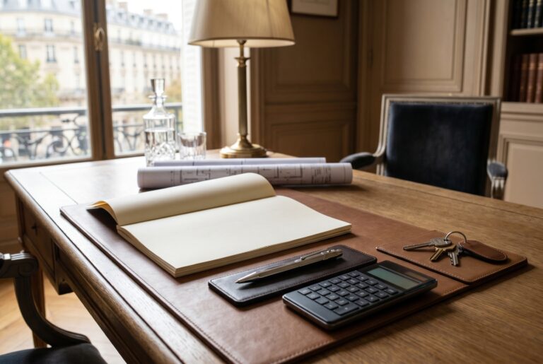 Illustration éditoriale premium InvestirFuté : bureau patrimonial élégant avec documents de prêt immobilier, plans et calculatrice, pour un article sur le choix entre caution bancaire et hypothèque.