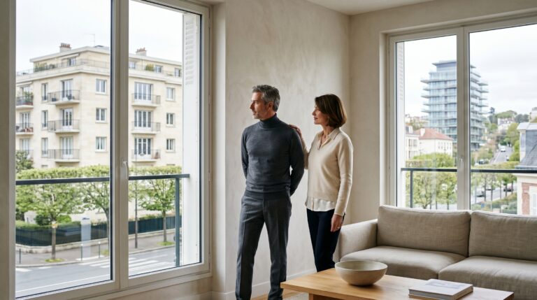 Couple observant deux trajectoires immobilières possibles, illustration éditoriale premium pour un article InvestirFuté sur acheter maintenant ou attendre en 2026.