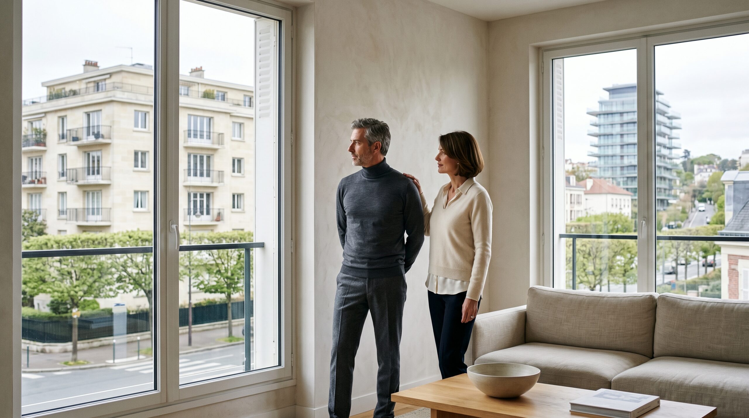 Couple observant deux trajectoires immobilières possibles, illustration éditoriale premium pour un article InvestirFuté sur acheter maintenant ou attendre en 2026.