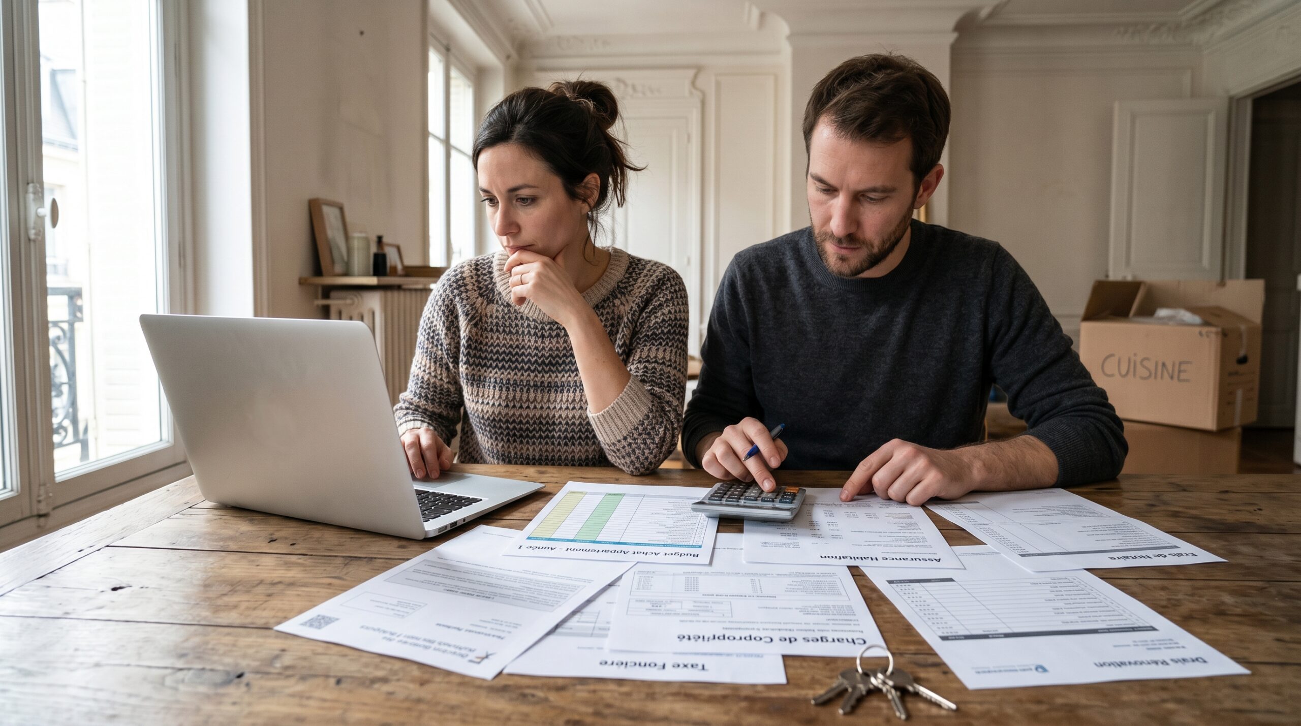Couple analysant le vrai budget de la première année après un achat immobilier, illustration éditoriale premium pour InvestirFuté.