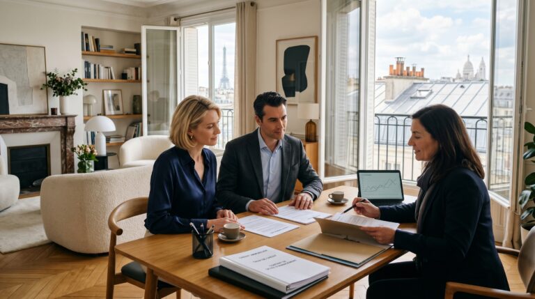 Couple échangeant avec un courtier immobilier dans un intérieur premium, illustration éditoriale InvestirFuté sur le choix de verrouiller son crédit immobilier maintenant ou d’attendre en mai 2026.