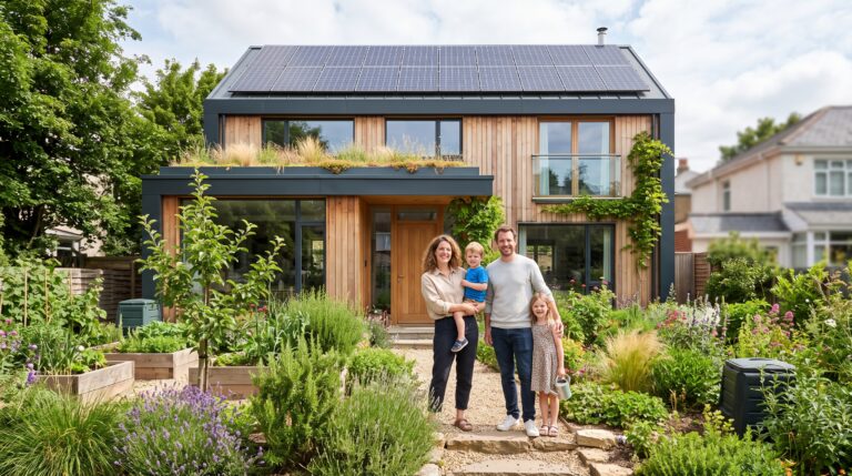 Maison écologique avec panneaux solaires et jardin urbain